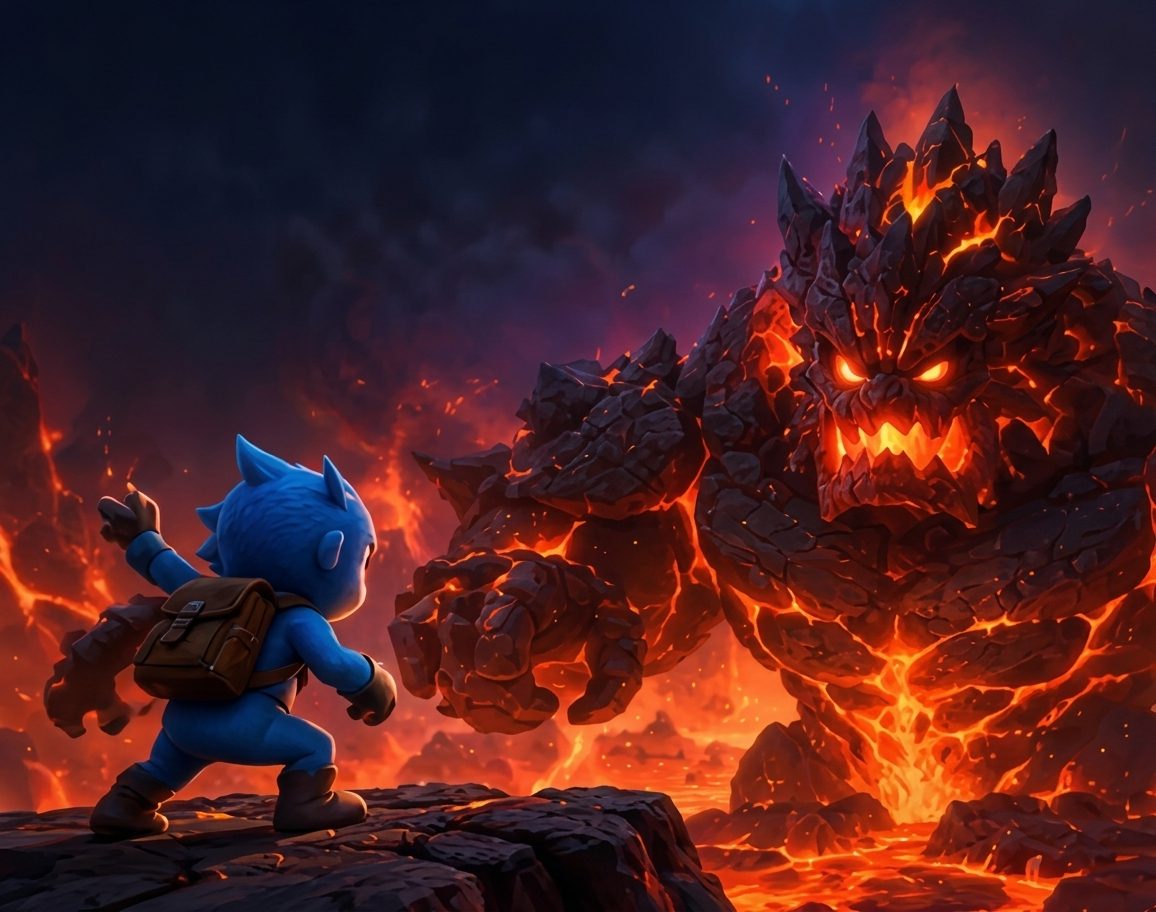 The hero facing a giant guardian of molten stone
