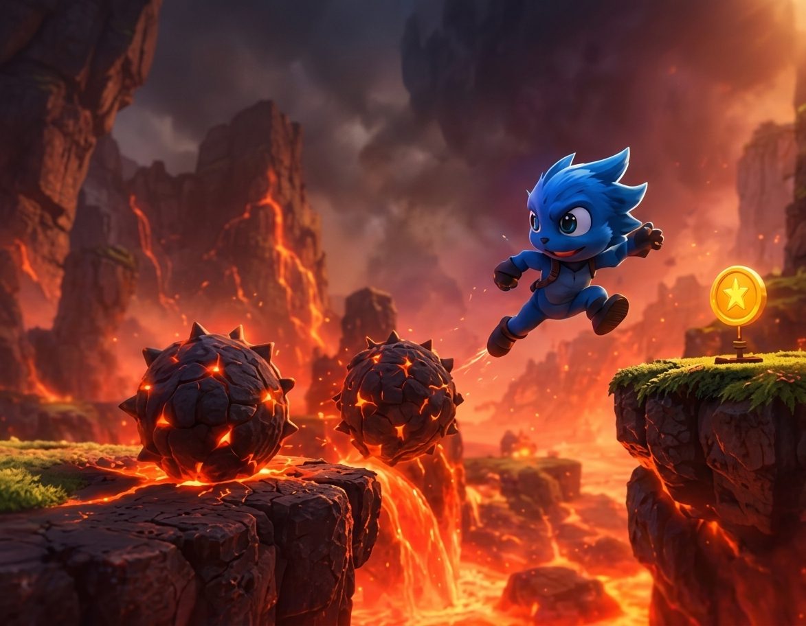 The blue hero leaping over spiked lava rocks